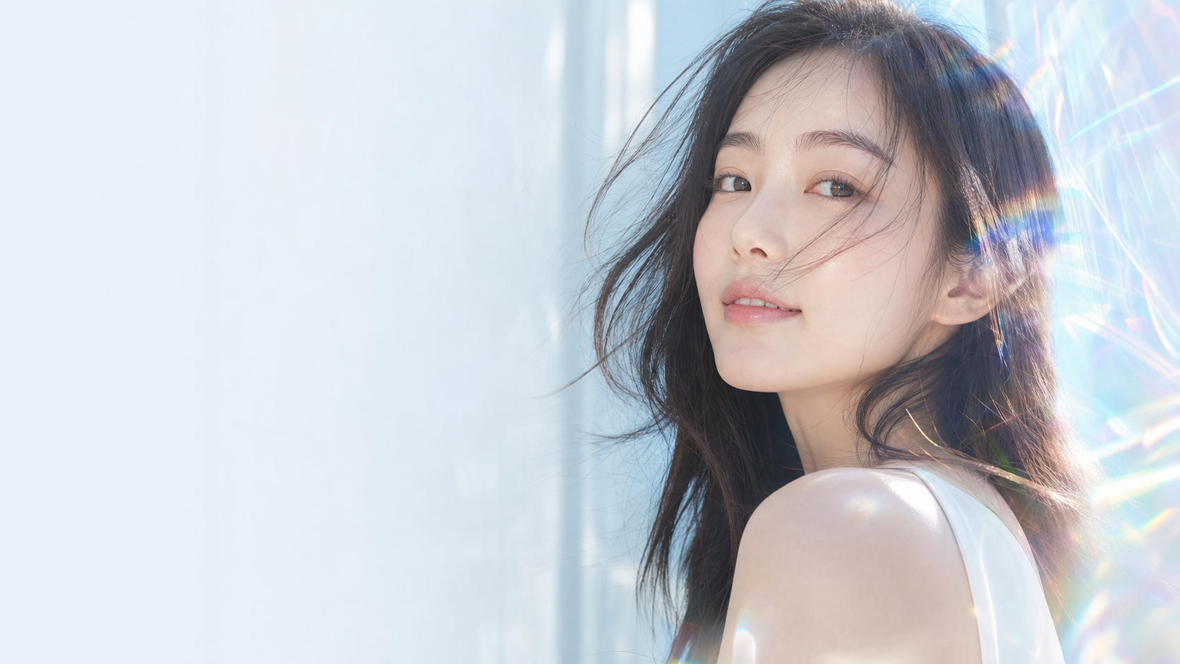 A woman in clear daylight surrounded by soft prismatic reflections.