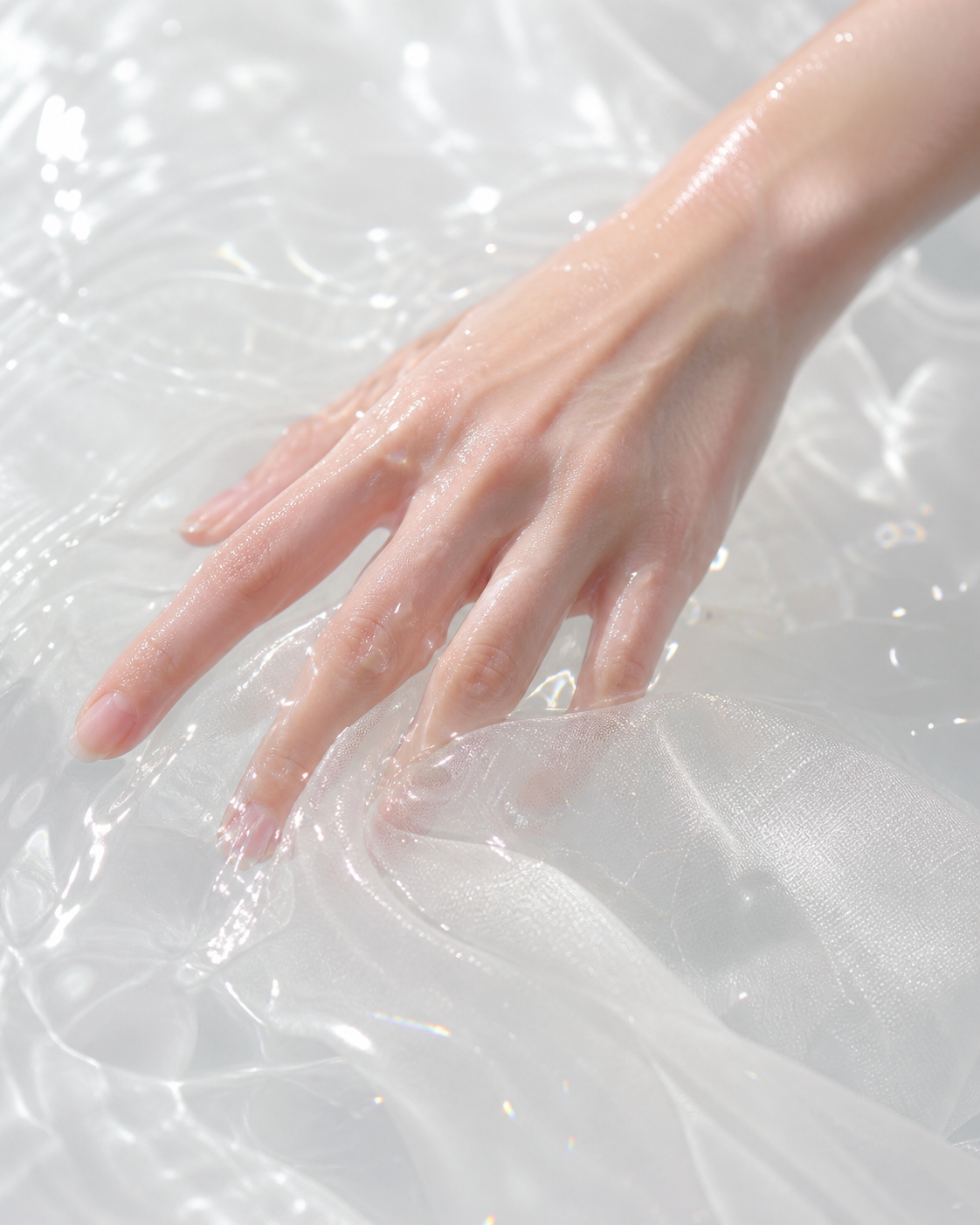A hand moving through clear water and translucent white fabric in pearl light.